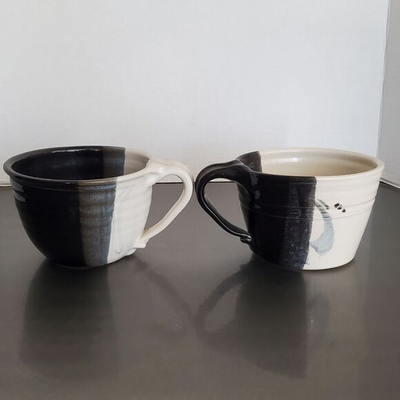 Studio Art Pottery Oversized Ceramic Coffee Mugs Black White Artist Signed - Picture 4 of 12